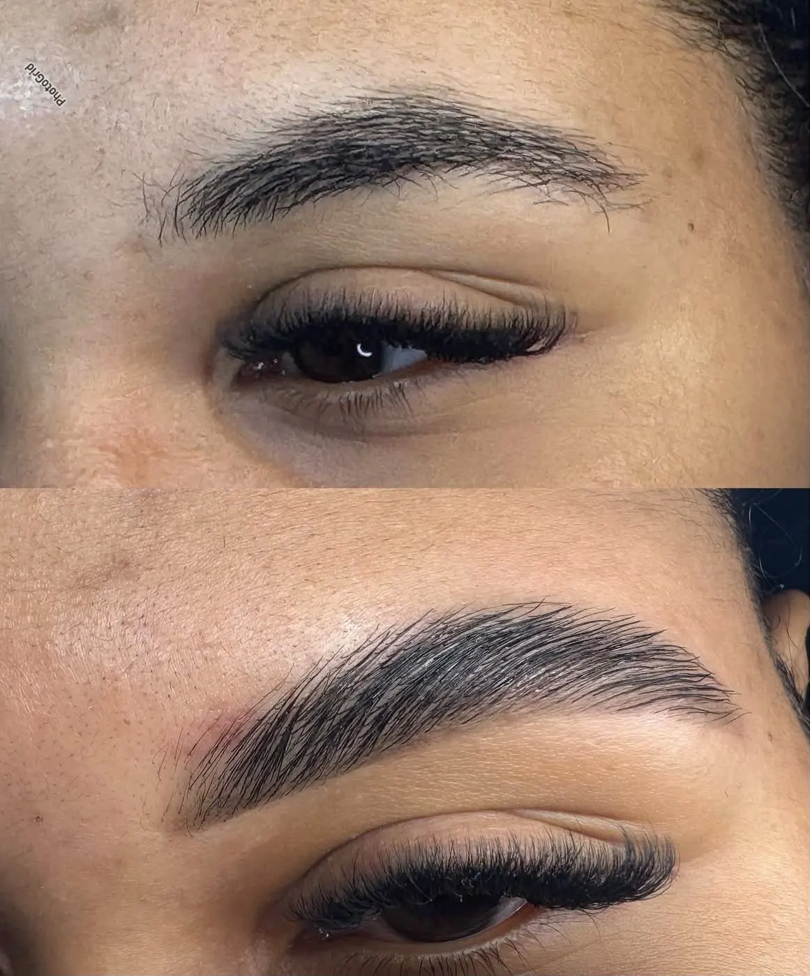 Comparação antes e depois de design de sobrancelha